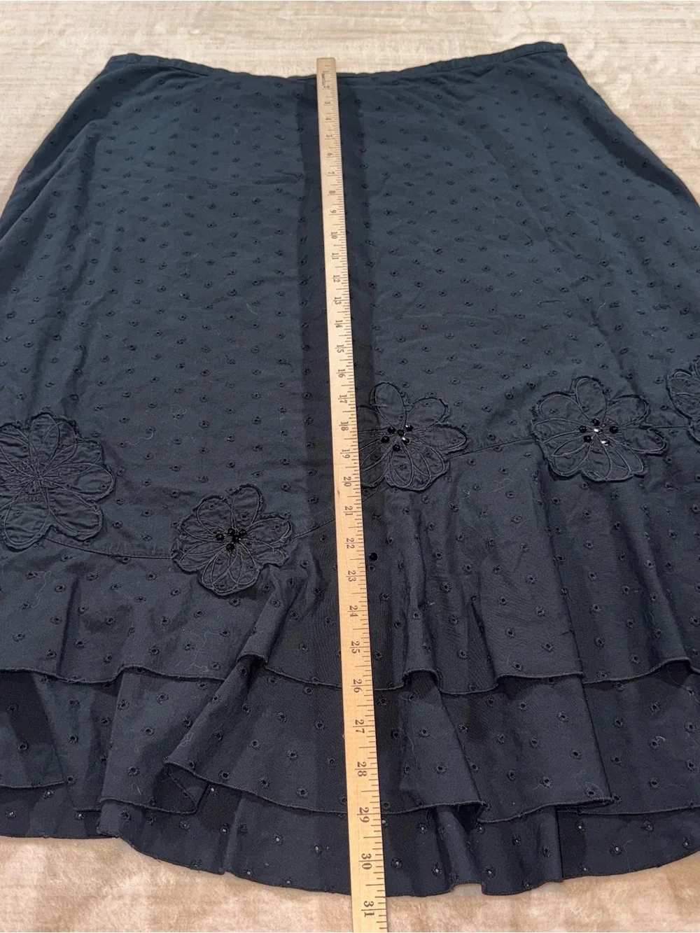 Koret Black A-Line Skirt with Floral Appliqués and Tiered Ruffle Hem